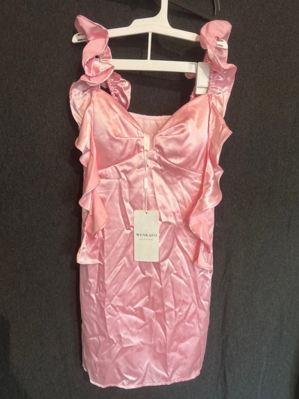 Pink Ruffle Strap Satin Mini Dress - Picture 2 of 8